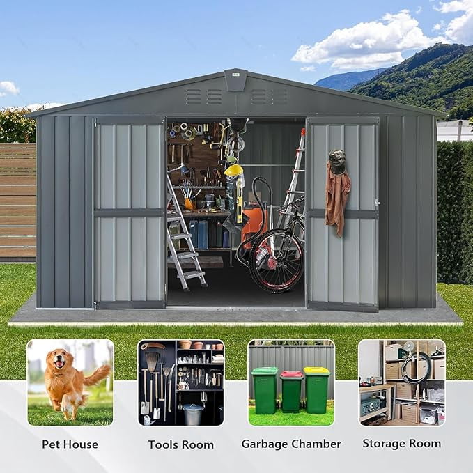 TOTAL Outdoor Storage Shed 11' x 9',Metal Steel Utility Tool Shed Storage House with Double Lockable Doors & Air Vents for Garden,Backyard,Lawn(Gray)