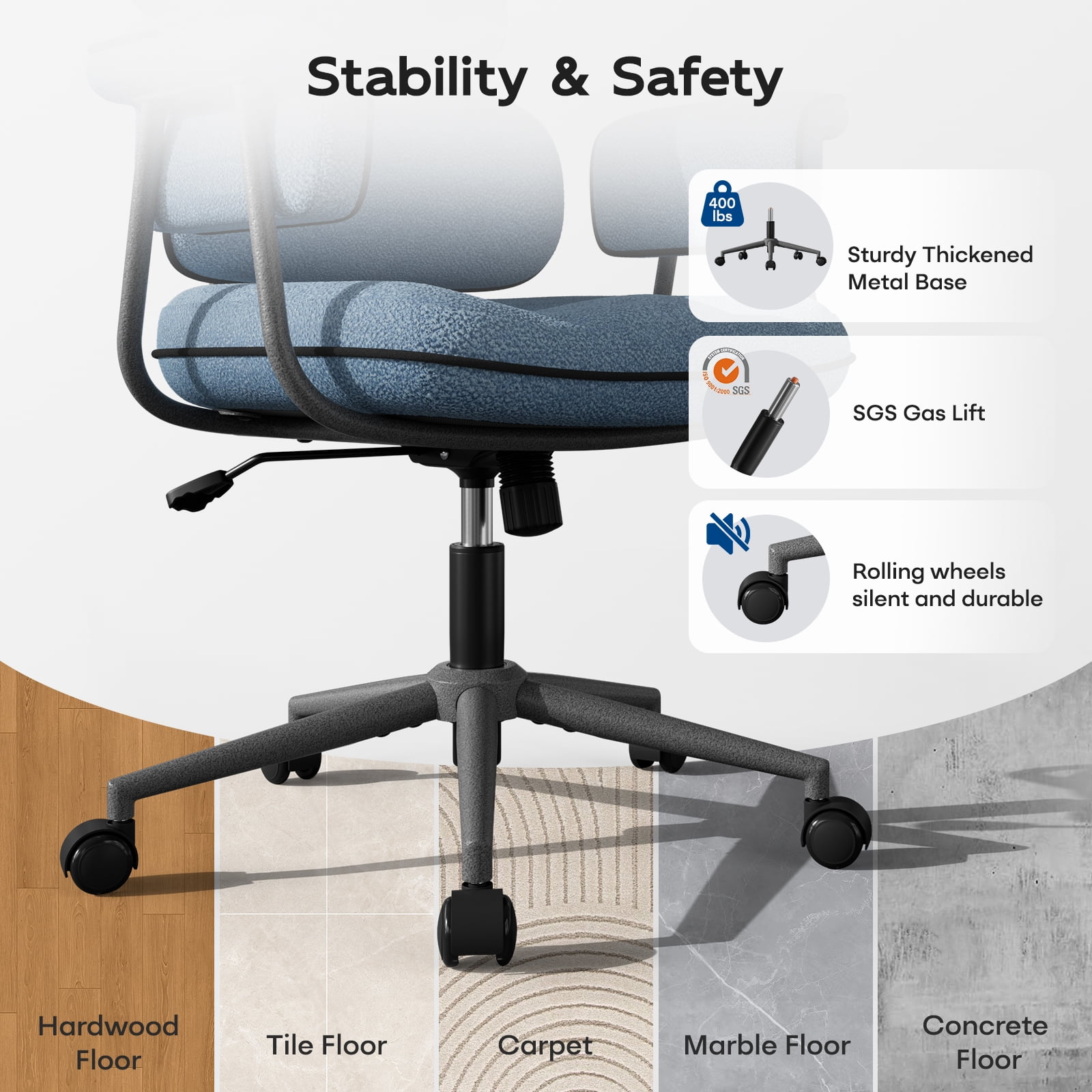 HomeZeer Executive Mid Century Modern Office Chair, Blue Linen Fabric with Memory Foam Wide Seat, Split Back, Padded Arms & Adjustable Height, Vintage Desk Chair for Home Office, Wheels Included