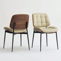 Mid Century Modern Dining Chairs with Walnut Grain Back, Beige Faux Leather Dining Room Chairs Set of 2, Checkered Soft Cushion Kitchen Chairs with Adjustable Foot Pads