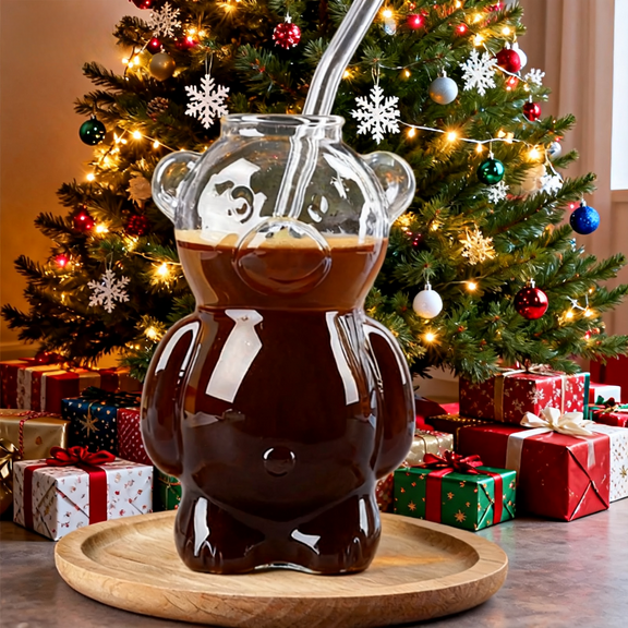 2025 New Bear Glass Cold Cup with Straw, 11oz Bear-Shaped Cup, Perfect for Iced Coffee, Cocktails, and Holiday Drinks, Perfect Christmas Gift,(1 Bear Cup with Straw)