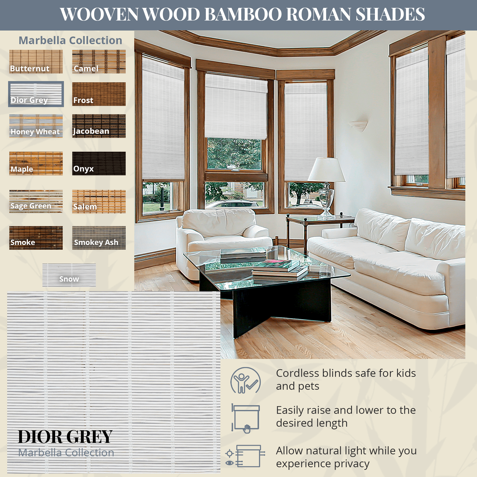 Natural Woven Light Filtering Cordless Bamboo Roman Shades for Windows, 63.5 in. W x 36 in. L, Dior Grey