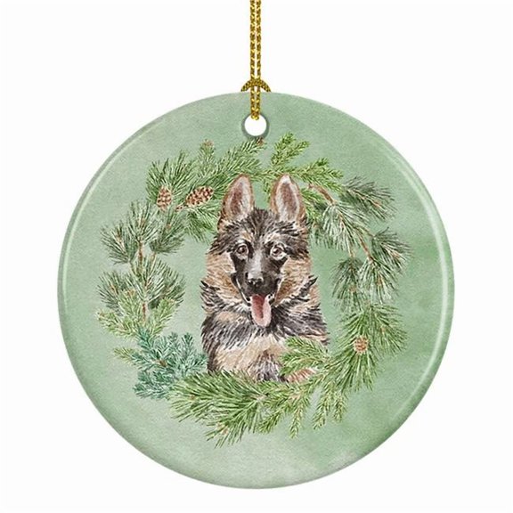 German Shepherd Puppy Smiling Christmas Wreath Ceramic Ornament 2.8 in x 2.8 in