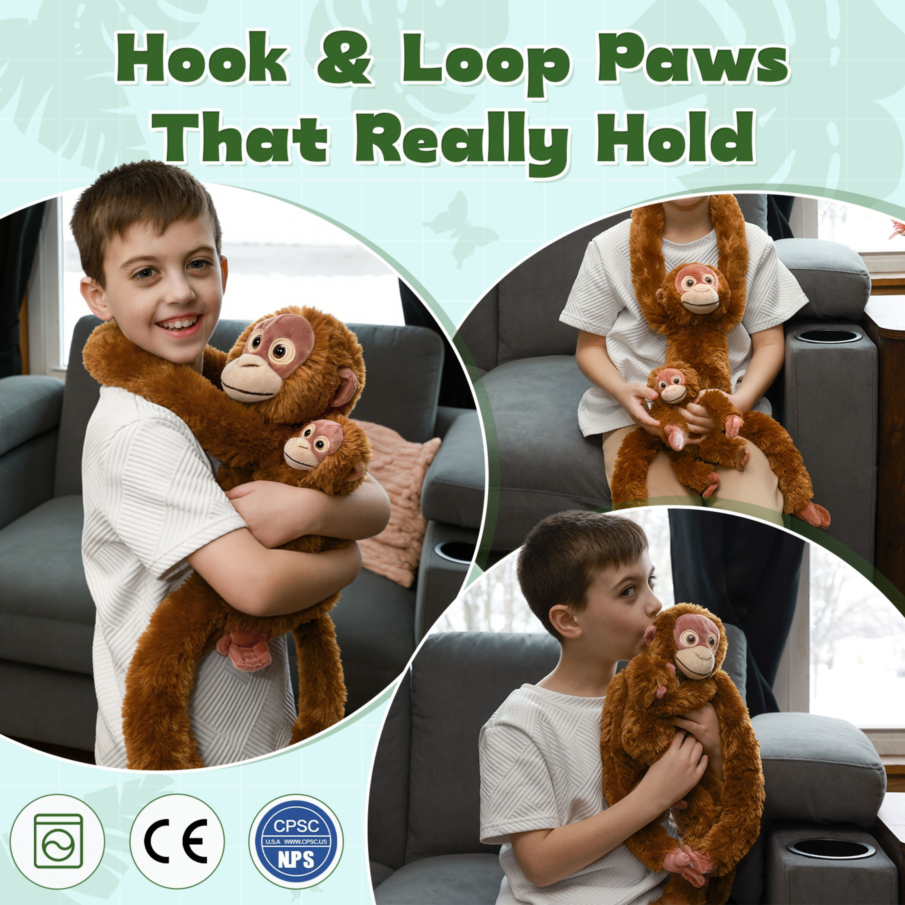 Tezituor 2pcs Hanging Monkey Stuffed Animal Weighted Stuffed Orangutan and Baby with Hook and Loop Fasteners Hangs Plush