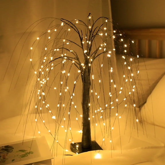 BOPORO Lighted Willow Tree Desktop Decoration,20 inch 60 LED Weeping Willow Tree with Warm White Fairy String Lights for Christmas Holiday Home Party Festival Wedding Bedroom Decoration - White