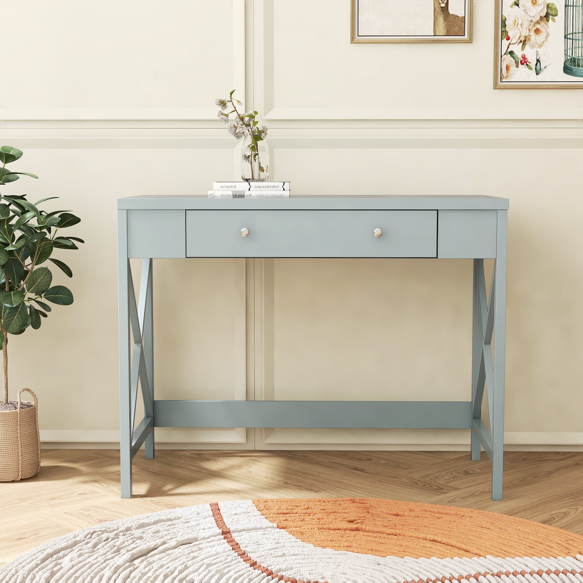 Resenkos Modern Accent Makeup Vanity Dressing Table with Storage Drawer, Study Writing Desk for Home Office, Grey