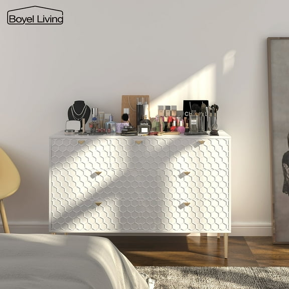 Boyel Living 7 Drawer Dresser Storage Cabinet, Chest of Drawer, (MDF) Wood Dressers & Chests of Drawers for Hallway, Entryway, White