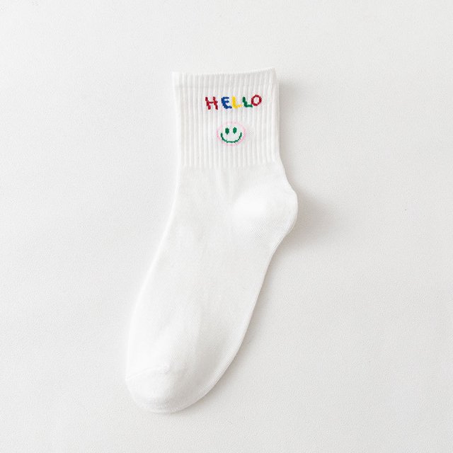 Calcetines de mujer de otoño e invierno con diseño de barril medio, blanco, con dibujos de osos de estudiante, letras de arcoíris, amor, sonrisas, rayas, deportivos, estilo coreano,
