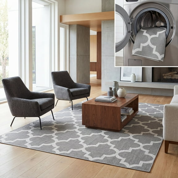 SAFAVIEH Machine Washable Rug Indoor/Outdoor Bermuda Collection - Bermuda Abraham Geometric Quatrefoil Indoor/Outdoor Area Rug Grey/Ivory, 6'7" x 6'7" Square
