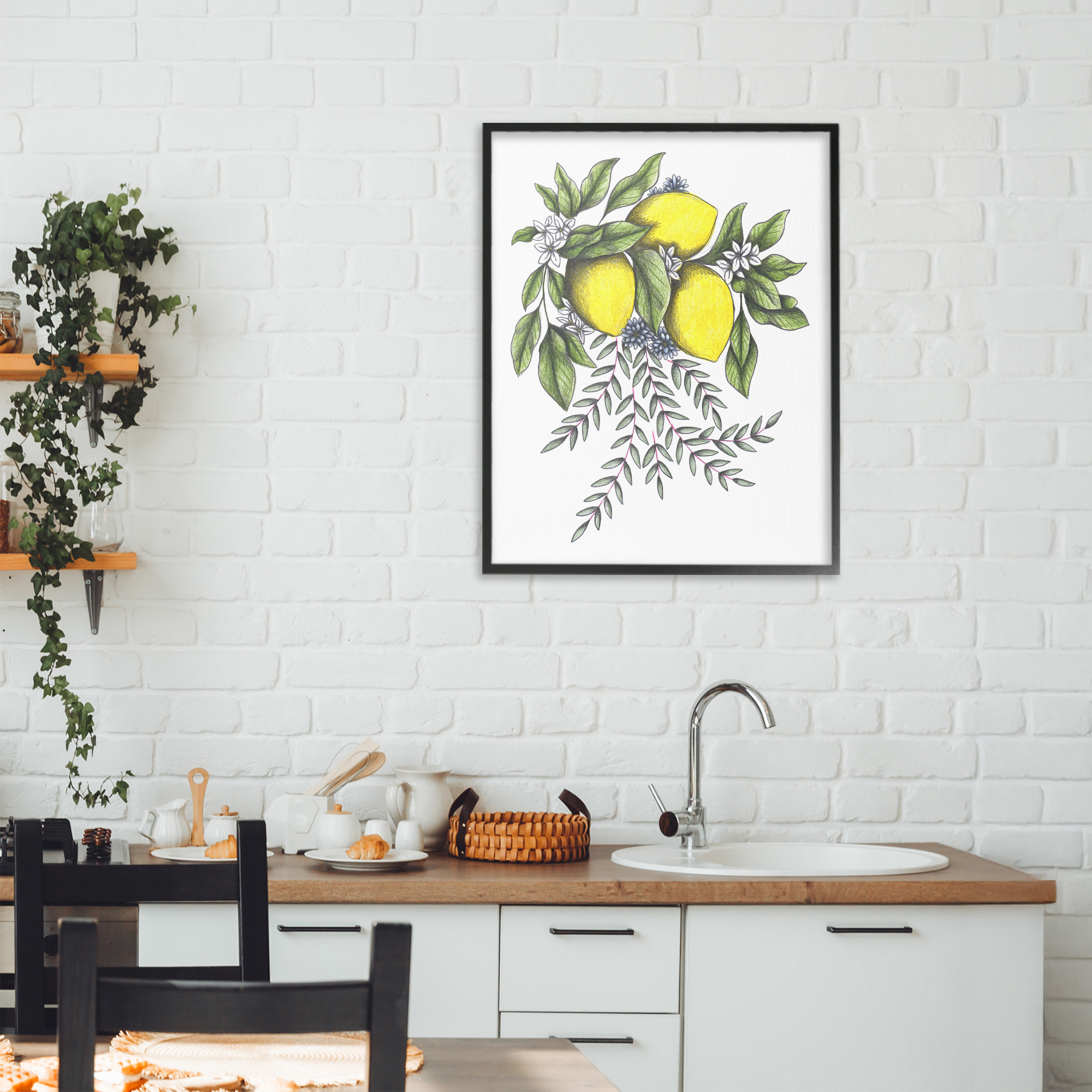 Lemons & Flowers Vintage Sketch Black Framed Giclee Art, design by Cecilia Battaini