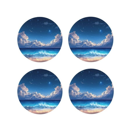 

Tebeau Starry Night Ocean View Print Set of 4 Leather Drink Coasters Round Cup Mat Pad for Home and Kitchen Use 4 -Round Shape