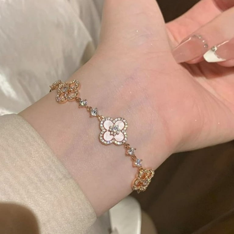 Vintage Four-Leaf Clover Bracelet Pink Shell With Micro-Inlaid