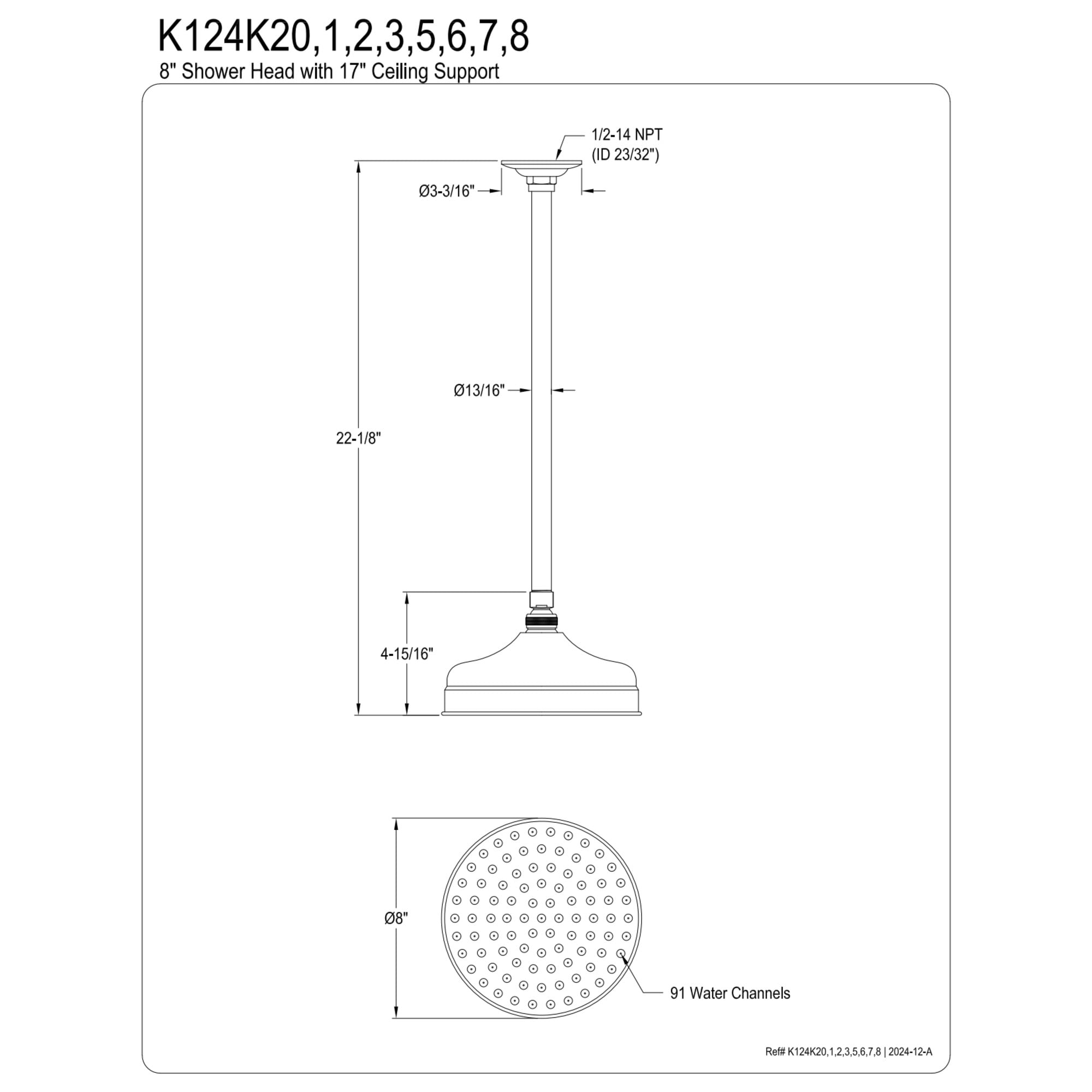 Kingston Brass K124K26 Trimscape 8" Round Brass Shower Head with 17" Ceiling Mounted Shower Arm, Polished Nickel