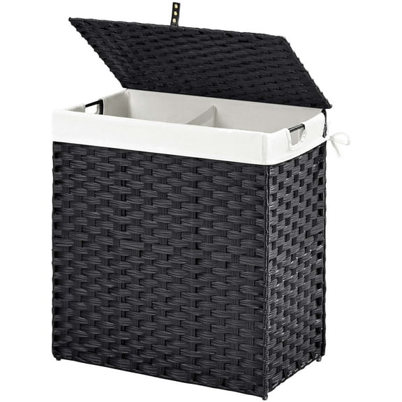 Rolanstar 110L Laundry Hamper Wicker Laundry Basket with Lid, Handles Clothes Hamper Foldable with 2 Removable Liner Bags, Black