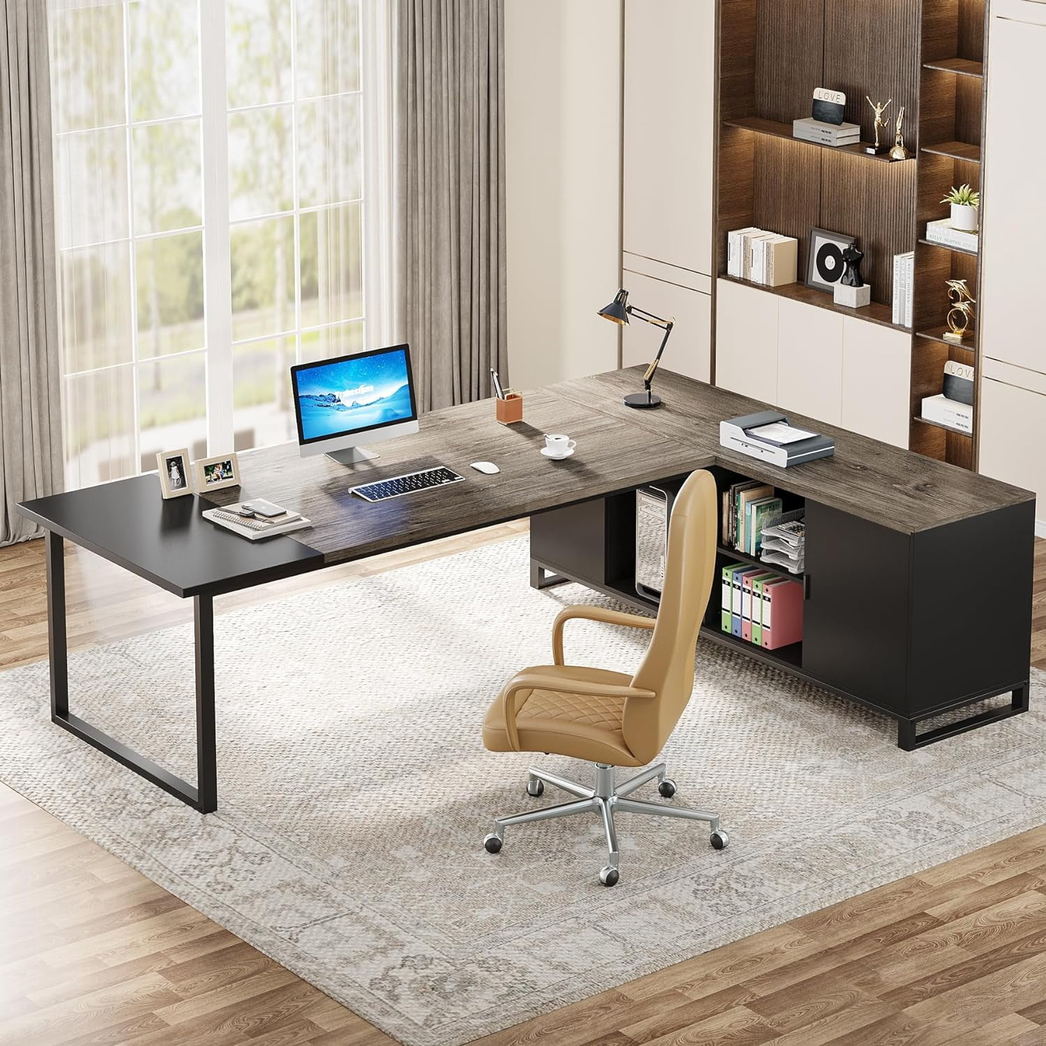 Tribesigns 70.8" L-Shaped Executive Desk with 55" File Cabinet, Modern L-Shaped Computer Desk with Storage Shelves and Cabinet for Home Office, Retro Gray
