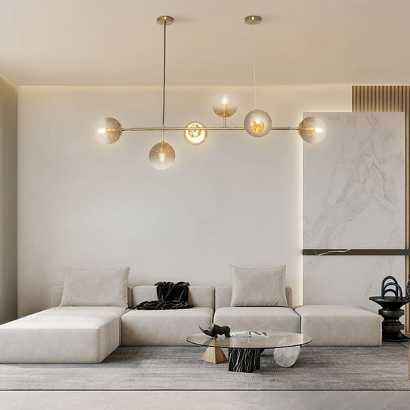 Lighting 6-Light Modern Globe Pendant Light Mid Century Vintage Sputnik Chandelier Gold Farmhouse Linear Chandelier Kitchen Island Lighting (Gold Smoke Gray)