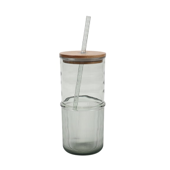 Better Homes and Gardens 22-Ounce Green Ribbed Tritan Sipper Tumbler with Straw and Acacia Wood Lid