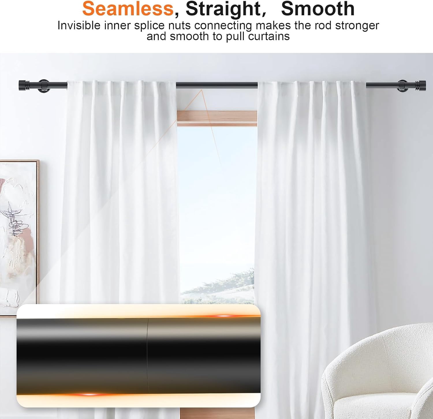 Black Curtain Rods for Windows 66 to 120 Inches (5ft -10ft) - 1" Diameter Thick Heavy Duty Drapery Rod, Adjustable Brackets with Hidden Screws, Metal Finials for Living Room Bedroom Outdoor