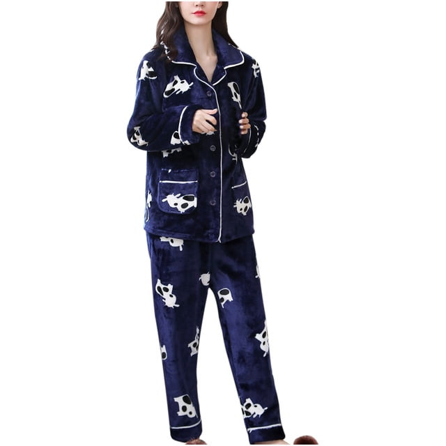Pantalon de Pyjama en Flanelle pour Femmes Mode Flanelle Imprimé Animal Poche Manches Longues + Pantalon Long Ensemble de Pyjama