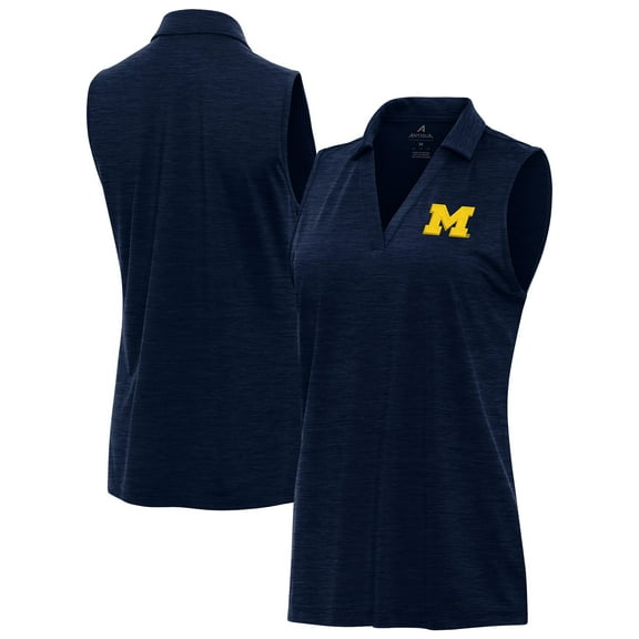 Women's Antigua Heather Navy Michigan Wolverines Layout Sleeveless V-Neck Polo
