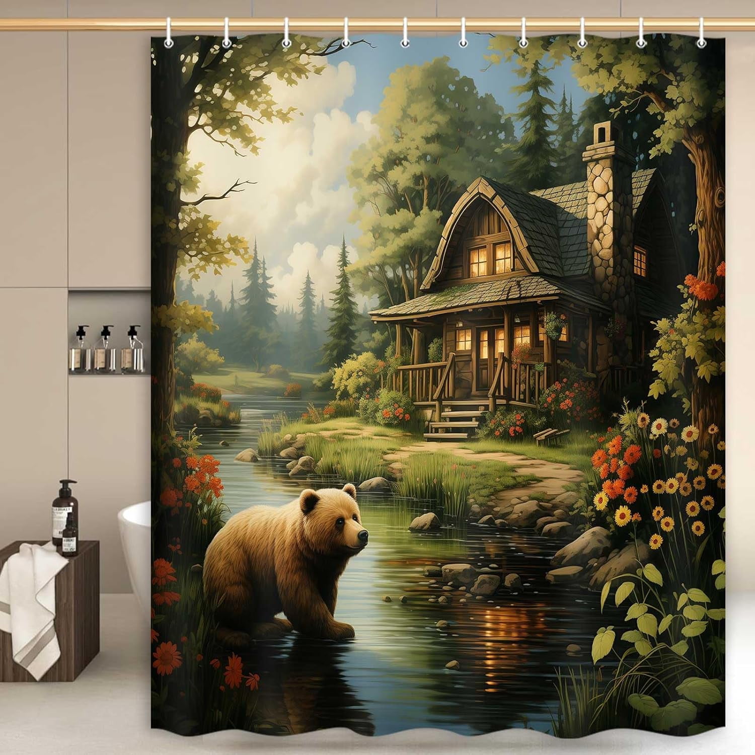 Rustic Shower Curtains for Bathroom, Country Bear Flower Cabin Forest Bath Curtain Sets, Cute Aesthetic Curtains Set with Hooks, 72X72in