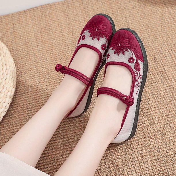 XIHAHA, bailarinas de lona bordadas Vintage hechas a mano para mujer, cómodas bailarinas chinas, zapatos con bordado vegano