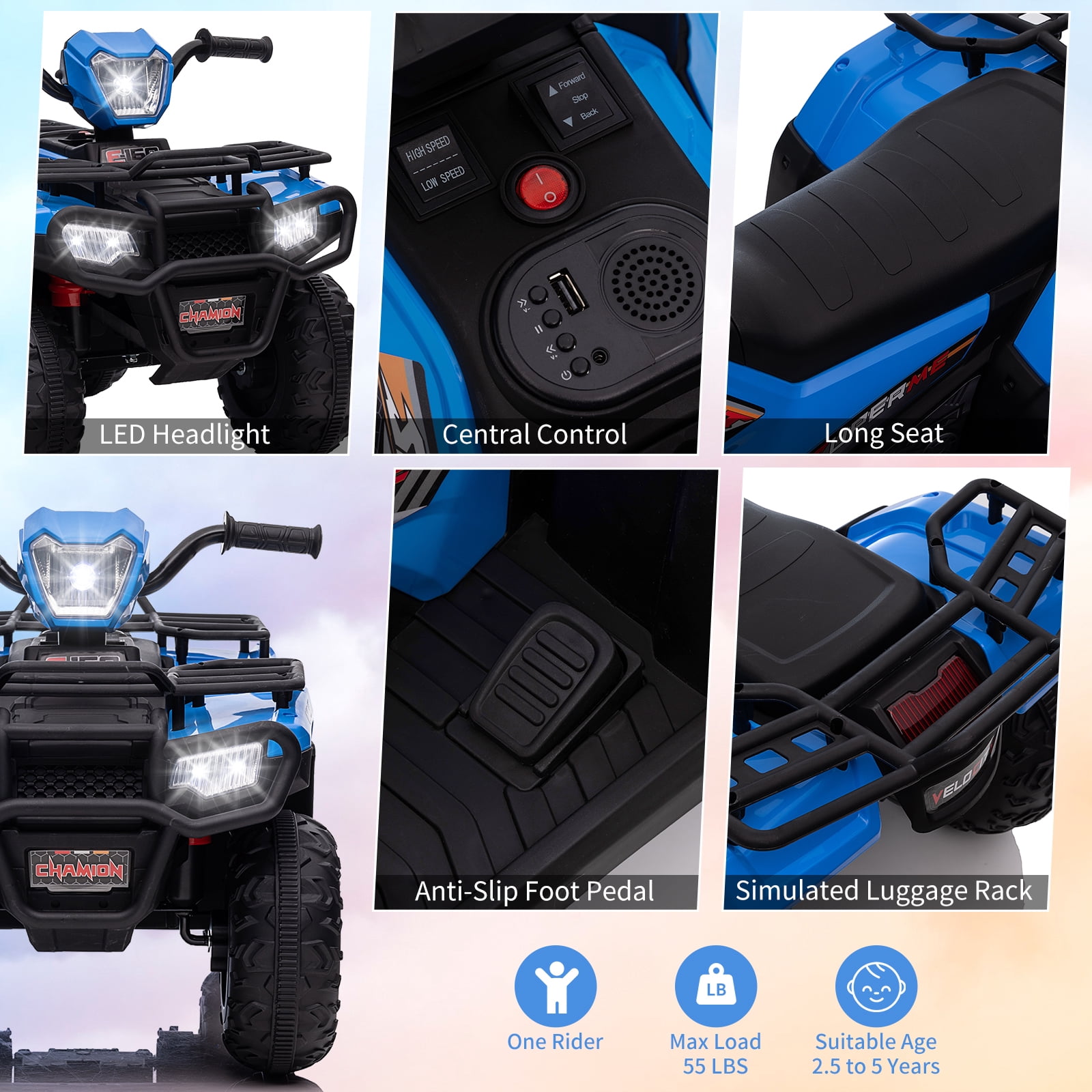 Accreate 12V Kids Ride on ATV, Battery-Operated 4 Wheeler for Ages 3-6 with Led Lights, High/Low Speed Settings, Music, USB Connectivity, forward & Backward Motion - Ride-On Quad for Boys&Girls