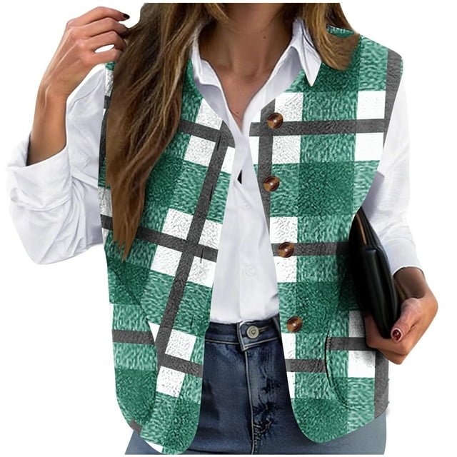 HAiming Plaid Vest for Women Plus Size Fall Winter Sleeveless Jackets Button Own Outwear Coat Fall Winter Clothes