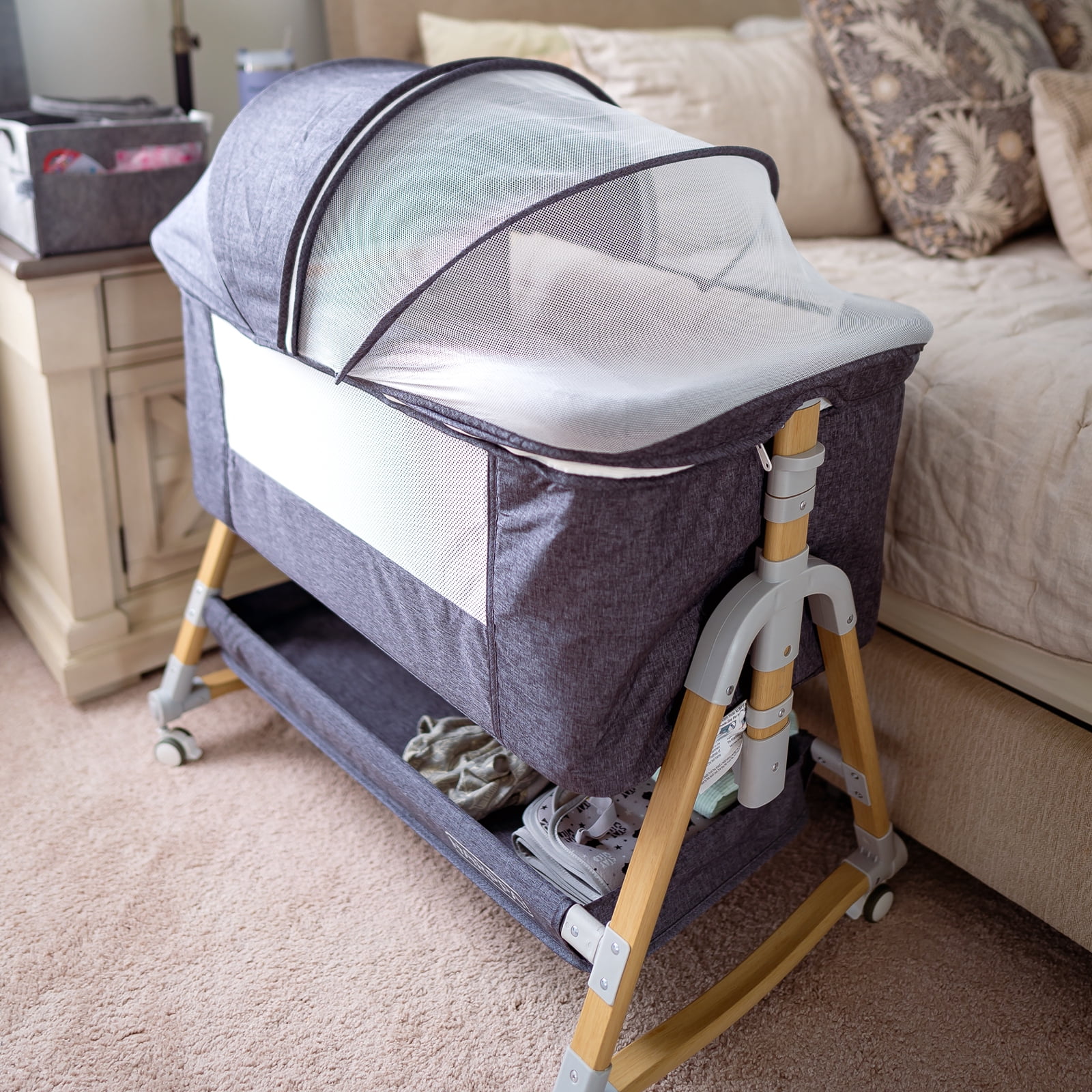 HARPPA 3 in 1 Baby Bassinet Bedside Sleeper, Height Adjustable, Easy Folding, Gray
