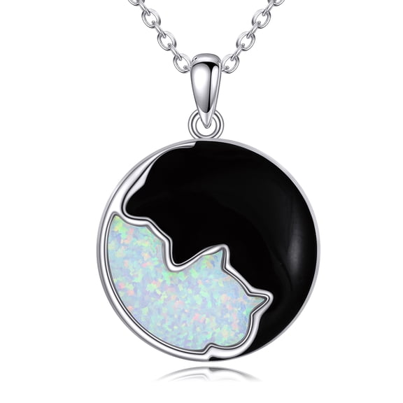 Opal Black Cat Couples Pendant Necklace for Women Sterling Silver Yin Yang Jewelry Lovers Gift for Valentine's Day Friendship BFF