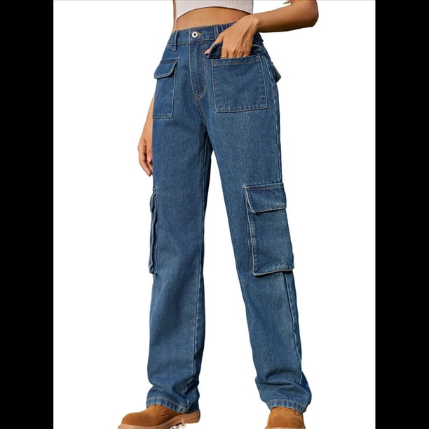 Pantalones Cargo de Cintura Alta para Mujer, Pantalones Casuales de Pierna con 6 Bolsillos. Azul S