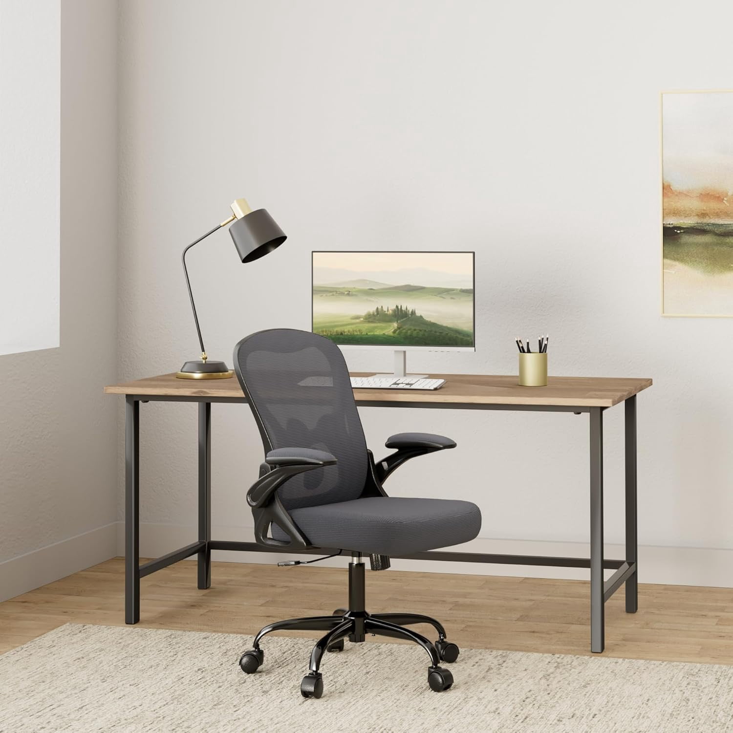 Office Chair, Ergonomic Desk Chair with Adjustable Height and Lumbar Support Swivel Desk Computer Chair with Flip up Armrests for Conference Room, Drak Gray