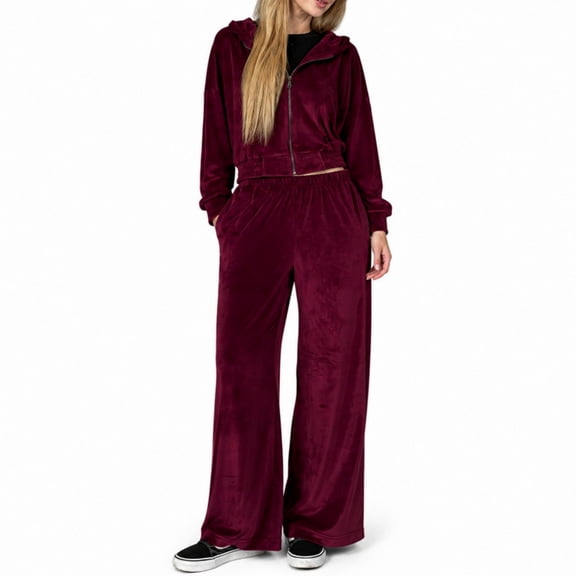 RDKTPXZ Women's Burgundy 2 Piece Tracksuit, Cropped Zip Hoodie and High Waist Wide Leg Pants
