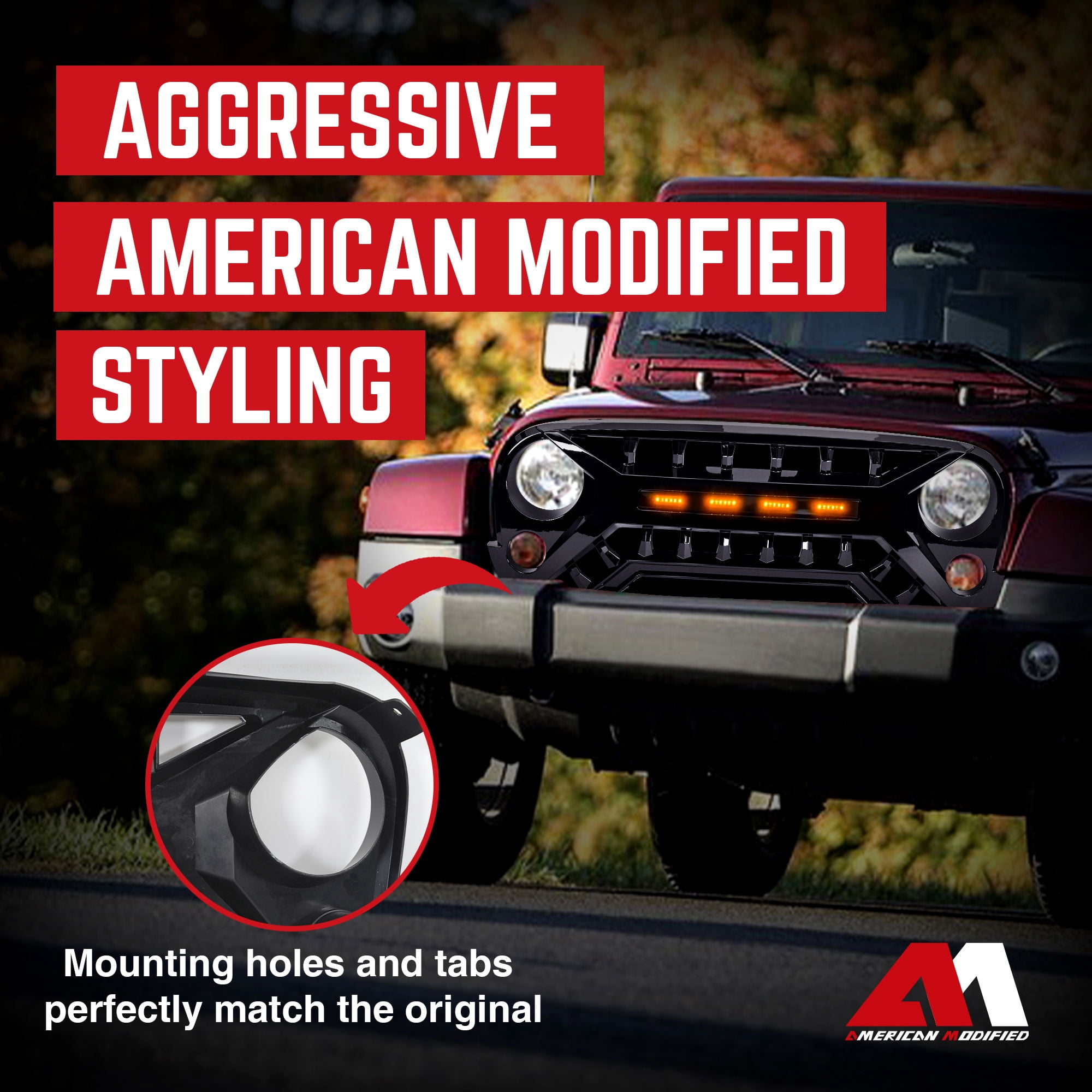 AMERICAN MODIFIED Grille 07-18 Jeep Wrangler JK w/ Amber LED, Glossy Black