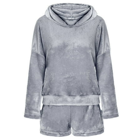 

iOPQO lingerie for women Women Solid Color Warm Winter Set Two Piece Cute Cat Pajamas Hoodie Sleepwear Grey XL