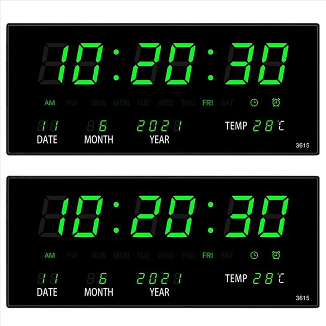 2X Reloj Electrónico con Calendario Perpetuo LED Reloj de Pared Digital Alarma Cada Hora Timbre Temperatura Relojes de Mesa Oficina Casa Verde