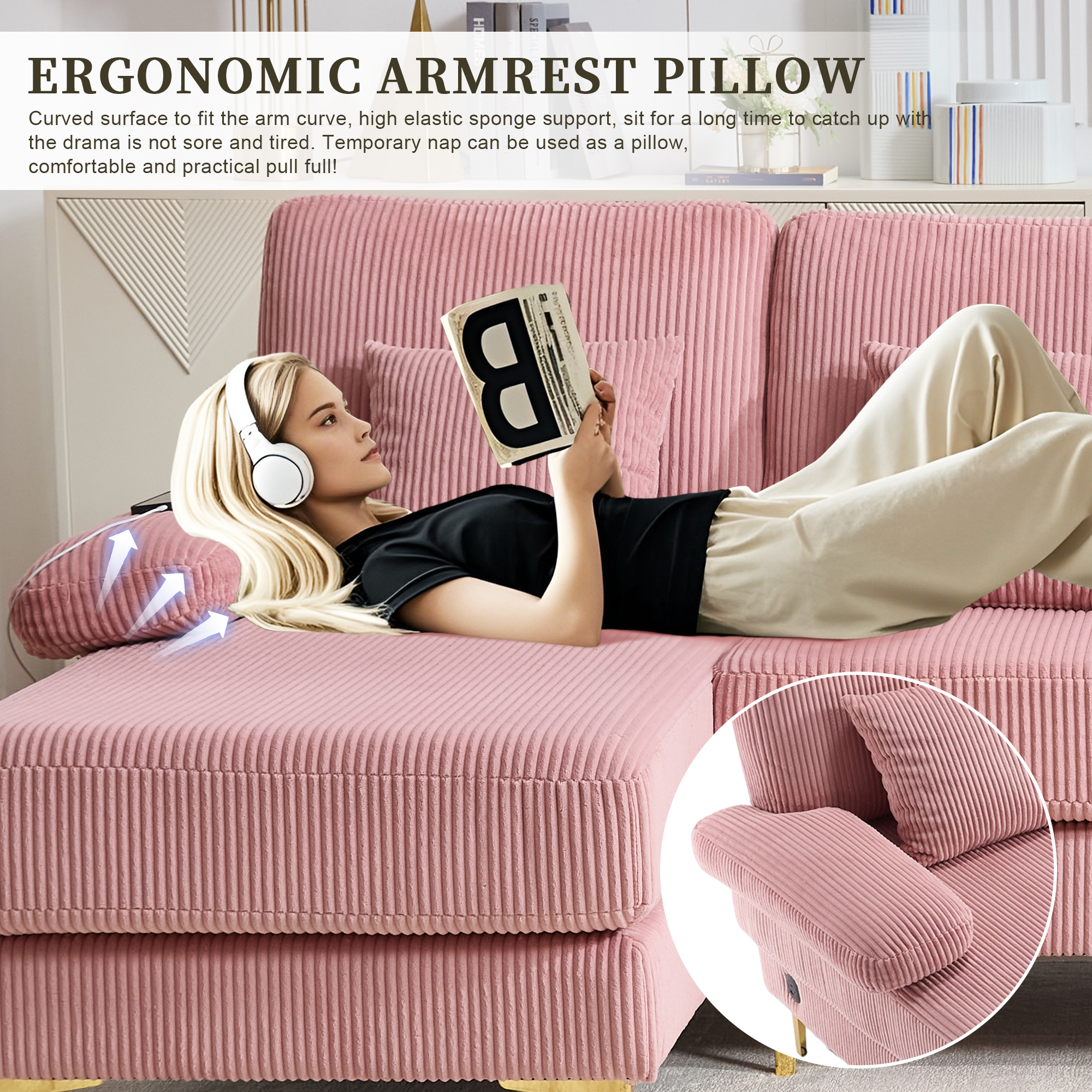 MOONMISS Corduroy Upholstered U-shaped Adjustable Light Modular Sectional Sofa With Type-C and USB ports-Pink
