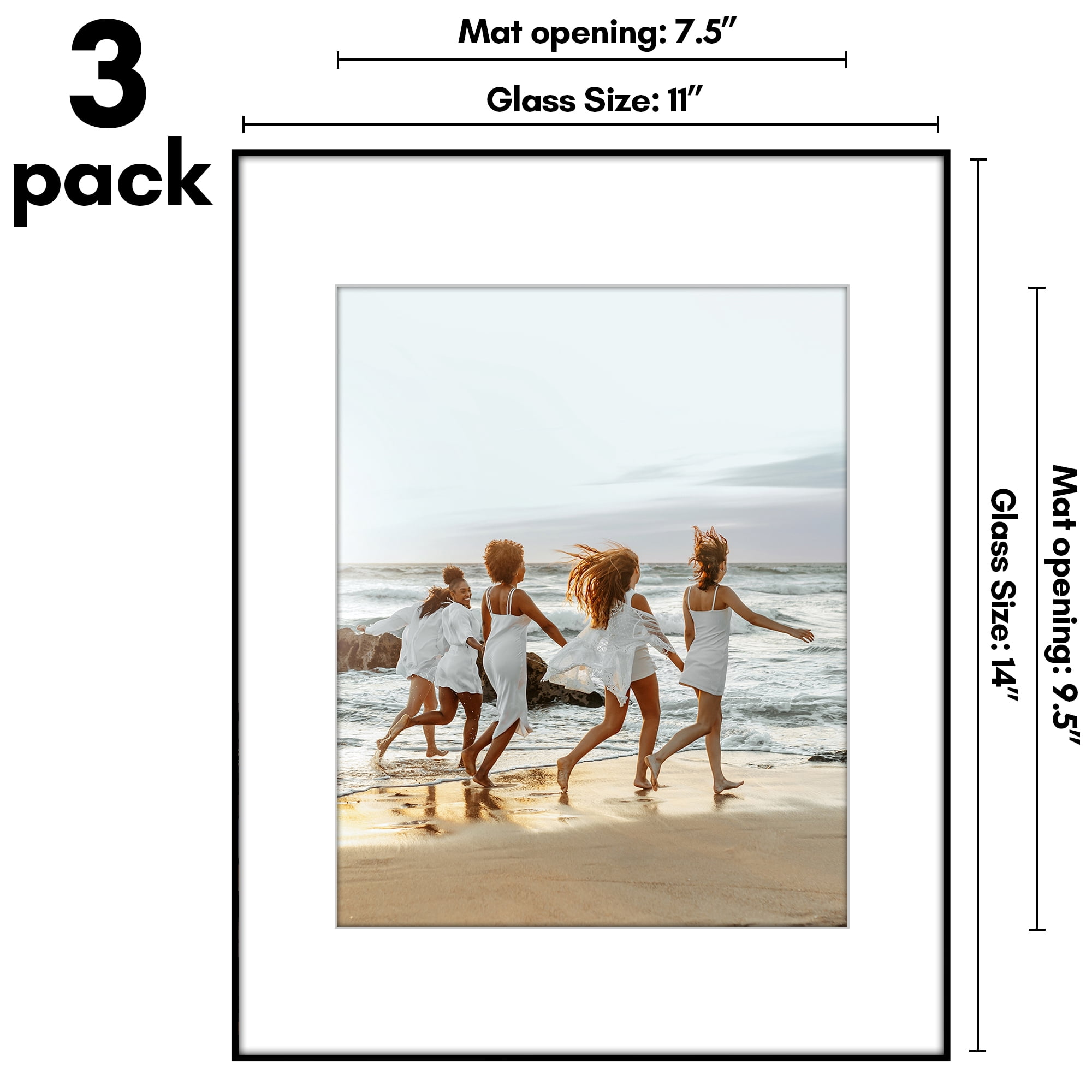 Americanflat 11x14 Front Loading Picture Frame with Shatter-Resistant Glass with 8x10 Mat 3 Pack Photo - Black