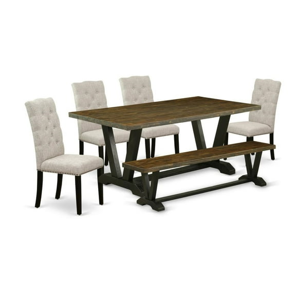 East West Furniture V-Style 6-piece Wood Dining Room Set in Jacobean/Black