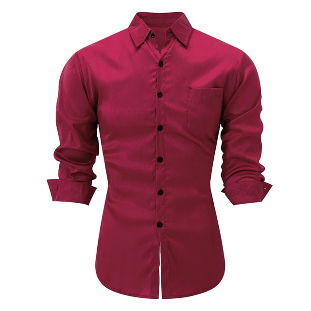 Ceisia Men's Solid Satin Long Sleeve Dress Shirt with Chest Pocket for Business & Casual Wear Wine M Gifts