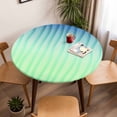 thumbnail image 5 of Ombre Green Abstract Lines Elastic Fitted Round Table Cover Blue Modern Spring Summer Waterproof Outdoor Tablecloth for Holiday Party, Picnic, Patio & Dining Fits Tables Up to 45"-54", 5 of 8