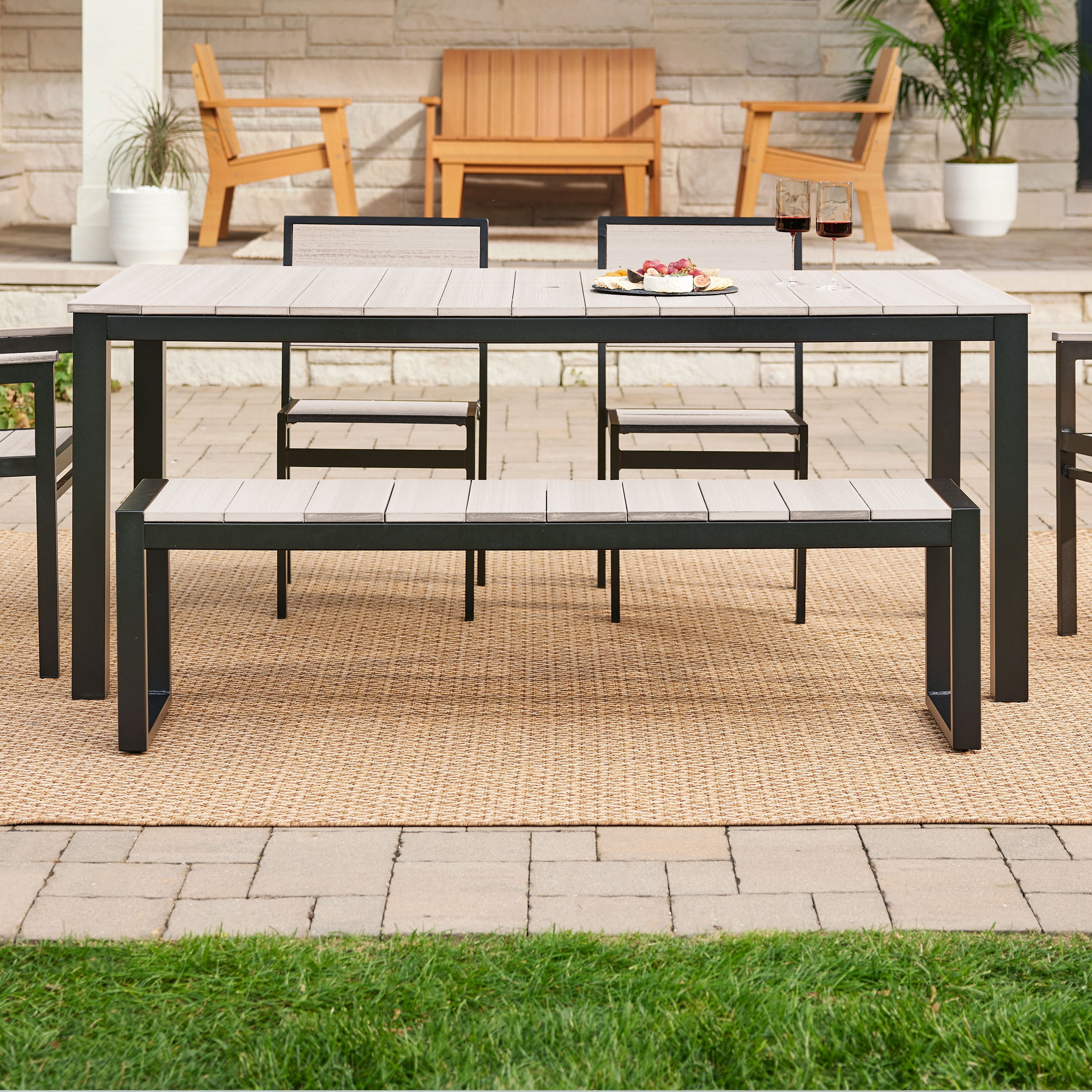 DuroGreen Park City 72" Rectangular 6-Pc Outdoor Dining Set, 1 Table/1 Bench/4 Chairs Made With All-Weather Tangentwood, High End Patio Furniture, Easy Assembly, USA Made, Black with Paper Birch