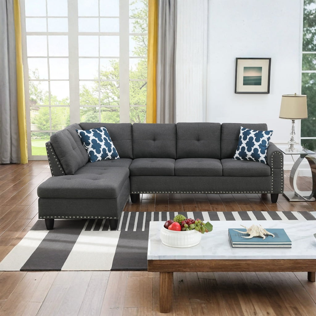 Hommoo L-Shaped Upholstered Sectional Sofa Couch with Storage & Cup Holders, Linen Living Room Sofa Set, No Ottoman, Dark Gray