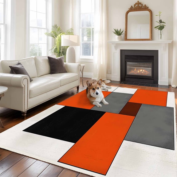 6'x9' Area Rugs, Modern Orange Beige Indoor Outdoor Area Rug for Living Room Bedroom, Abstract Black Grey Color Blocks Washable Bathroom Rugs Kitchen Floor Carpet Mats Home Decor Aesthetic