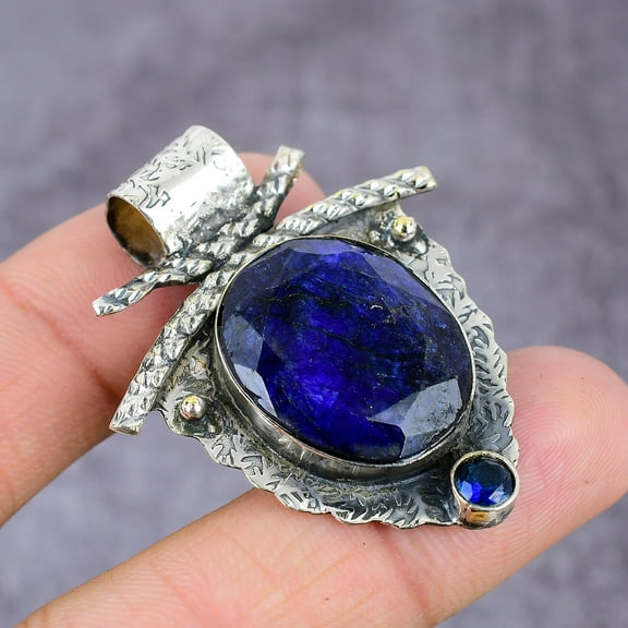 Natural Blue Jade, Blue Topaz Gemstone 925 Sterling Silver Pendant 2.22"