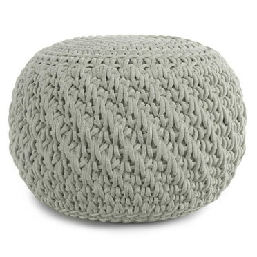 Simpli Home Nisi Boho Round Knitted Pouf in Light Gray Recycled PET Polyester
