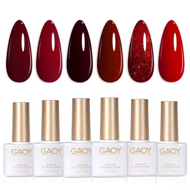 Set de esmaltes de uñas en gel GAOY, rojo burdeos, 6 colores, 7,3 ml, UV LED