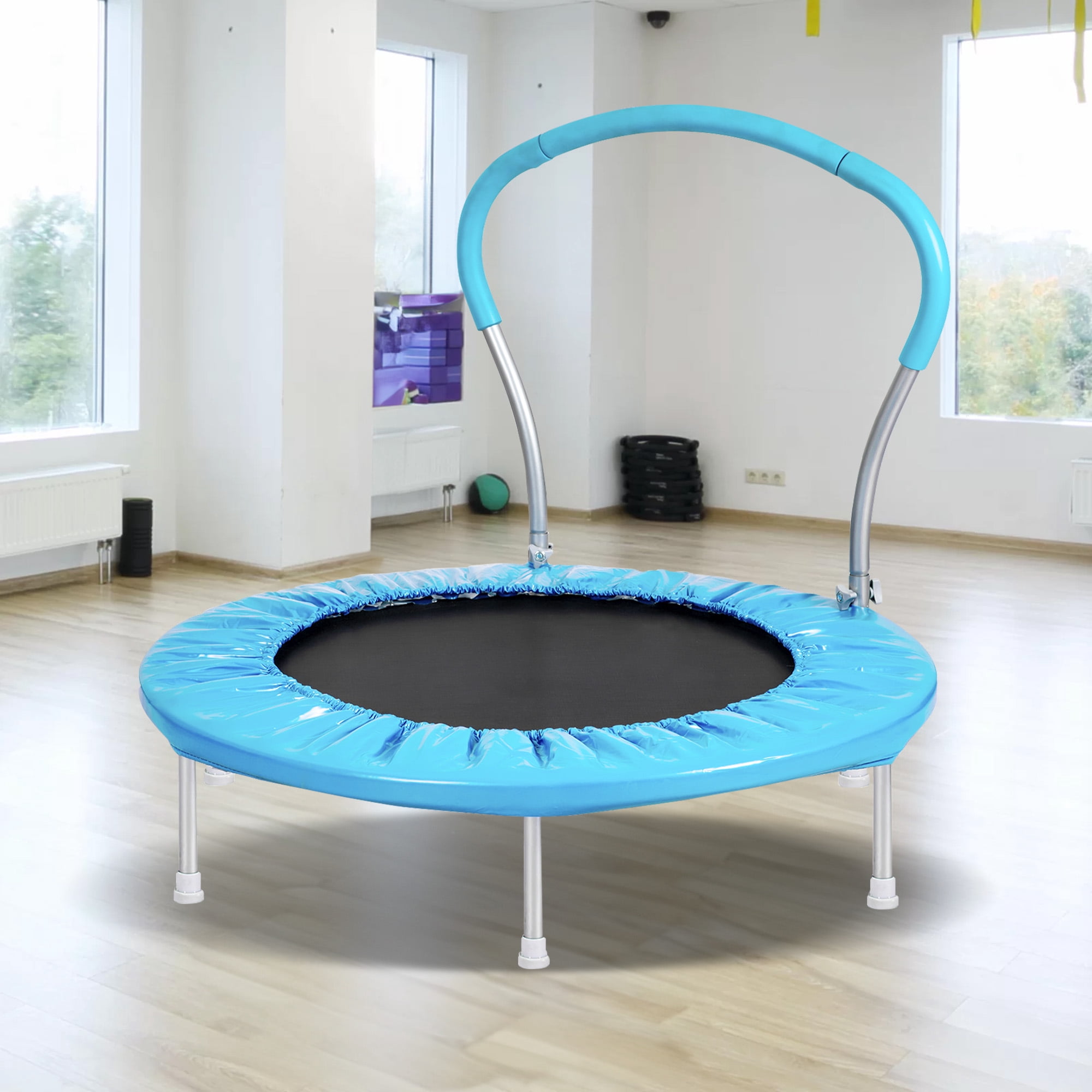 Aukfa Mini Trampoline with Handrail for Kids, 36" Fitness Rebounder with Safety Pad, Indoor Outdoor, Blue