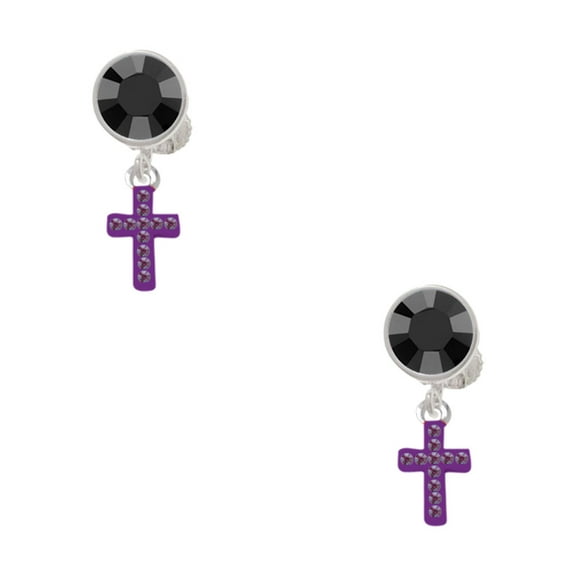 Delight Jewelry Silvertone Small Purple Crystal Cross Black Crystal Clip on Earrings