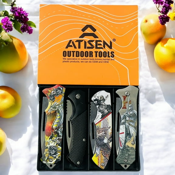 Set Of 4 Cool Men's 3D Folding Knives, Stainless Steel, Suitable For Camping, Hunting And Fishing Indoor And Outdoor Activities, Gifts For Friends On Christmas And Halloween