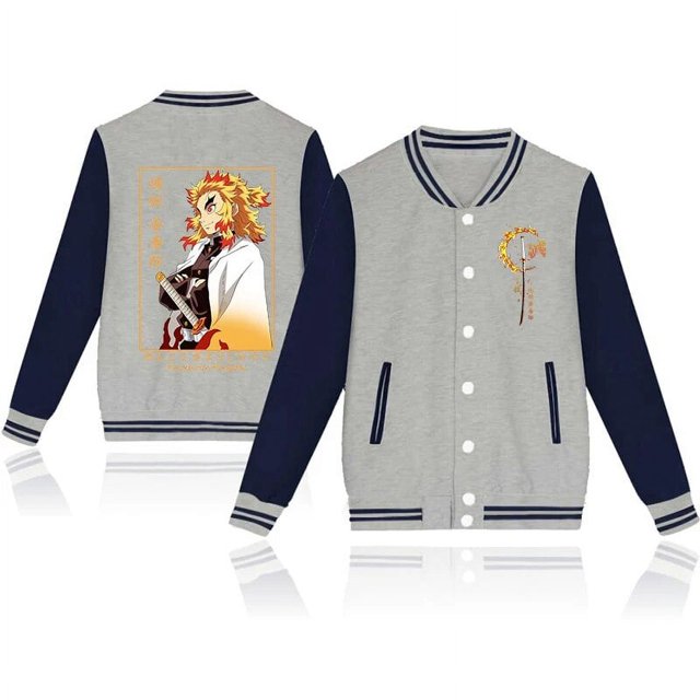 Vestes de Baseball Unisexes à la Mode Anime Demon Slayer Rengoku Kyoujurou Vestes de Baseball Manteau à Manches Longues pour Hommes Automne Hiver